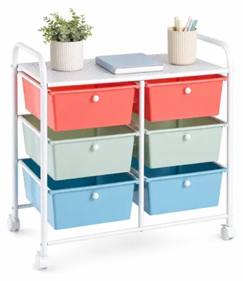 Immagine prodotto di Contenitore mobile con 6 cassetti in plastica, carrello di servizio con maniglie e ruote bloccabili, carrello portaoggetti in acciaio colorato