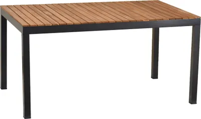 A rectangular outdoor dining table with a slatted wooden top and a black metal frame, shown against a white background.