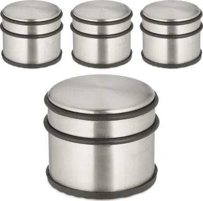 Produktbild von Relaxdays Türstopper Edelstahl, 4er Set, HxD: 7,5 x 9 cm, hoch & schwer, rutschfest, Türzuschlagbremse, silber/schwarz