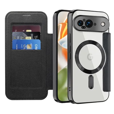 Immagine prodotto di Custodia per Google Pixel 9 compatibile con MagSafe, custodia trasparente con portacarte, custodia in pelle con protezione della fotocamera nera