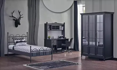 Productafbeelding van Complete slaapkamer set: bed, kast, bureau. Zwarte kamer, 3-delig