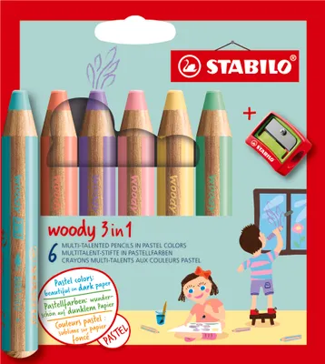 Produktbild von STABILO Buntstift, Wasserfarbe & Wachsmalkreide - woody 3 in 1 - 6er Pack mit Spitzer …