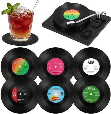 Produktbild von Glasuntersetzer – Set mit 6 Stück – Retro-Vinyl-Untersetzer mit kreativem Design – Rutschfeste und isolierende Untersetzersammlung