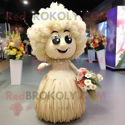 Productafbeelding van Beige boeket bloemen mascotte REDBROKOLY kostuum karakter gekleed met een baljurk en haarspelden