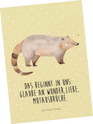 Produktbild von Mr. & Mrs. Panda Postkarte Nasenbaer - Gelb Pastell - Geschenk, Ansichtskarte, Nasenbär, Rüsselbär, Grußkarte, Fotokarte, Bär, Postkarten, Nasenbären, Lustige Sprüche