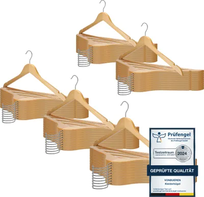 Multiple stacks of wooden hangers with metal hooks, presented against a white background.