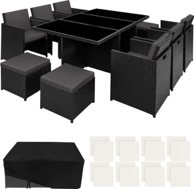 Image de Ensemble de salon en rotin et aluminium New York 6+4+1 avec housse de protection - noir