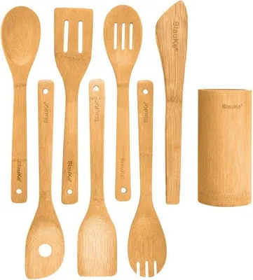 Produktbild von BlauKe® Küchenhelfer Set aus Holz 8-teilig - Küchenutensilien, Pfannenwender Set Holz - Kochlöffel Kochgeschirr mit Küchenutensilienhalter