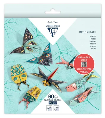 Produktbild von Clairefontaine 95366C - Packung Origami Papier mit 60 Blatt, beidseitig bedruckt, 3 Formate, 10x10 cm, 15x15 cm, 20x20 cm, 70g, Insekten, 1 Pack