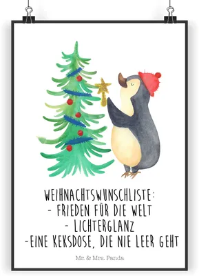 Produktbild von Mr. & Mrs. Panda Bild Pinguin Weihnachtsbaum DIN A5 - Weiß - Geschenk, Weihnachten, Wandbild, Kunstdruck, drucke, Winter, Plakat, wanddeko