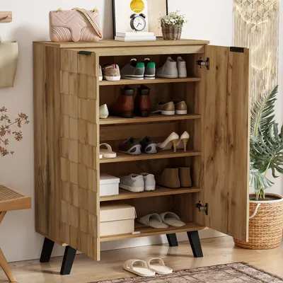 Image de Armoire à Chaussures Moderne Avec 5 Compartiments, Armoire De Rangement Avec 2 Portes, Couleur Bois