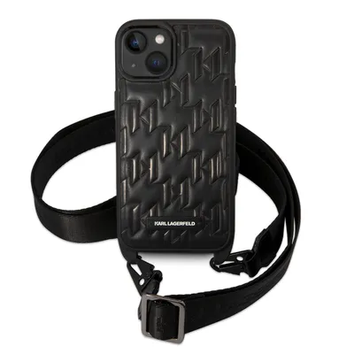 A black Karl Lagerfeld iPhone case with a monogram pattern and a detachable strap is shown against a white background.