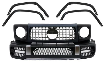 Productafbeelding van Stootstangen voor Mercedes G-Klasse W463 (facelift 18+), met G63-look, inclusief gril en wielkasten.