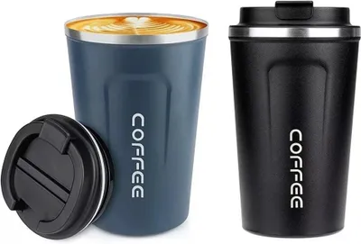 Produktbild von 2er Set Thermobecher Edelstahl 380 ml – Isolierbecher To Go auslaufsicher für Kaffee & Tee blau / schwarz