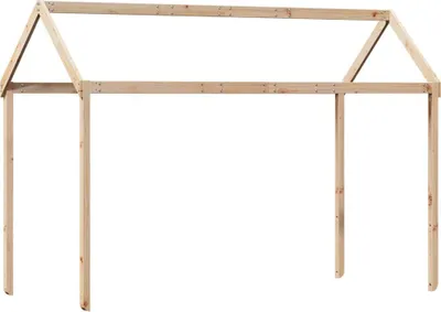 A wooden frame for a child's bed, shaped like a house.