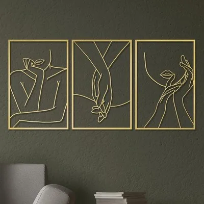 Produktbild von Unyqoos® 3er-Set abstrakte Metall-Wanddekoration, goldfarben – dreiteilige Wanddeko mit minimalistischen weiblichen Linien für Wohnzimmer & Schlafzimmer