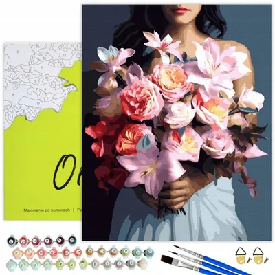 Produktbild von Oh Art! Malen nach Zahlen Blumen – Frau mit Rosa Blumenstrauß 50x40 cm mit Rahmen, 32 Farben inkl. Pinsel, Acrylfarben & komplettem Zubehör
