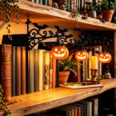 Productafbeelding van Boekenrek lampen set van 3 – Vintage LED boekensteunen met hangende lantaarns, grappige pompoen met warm licht, antislip – Decoratie voor leeshoek en bibliotheek