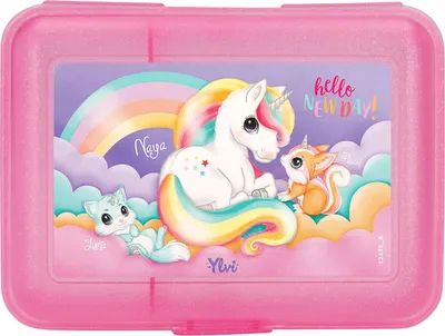 Produktbild von Depesche 12435 Ylvi - Glitzer Brotdose in transparentem Pink mit 1 Fach und einsetzbarer Trennkarte, Lunchbox mit Einhorn-Motiv DESPECHE