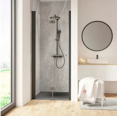 Produktbild von Duschtür in Nische mit Drehfalttür SCHULTE Garant 2.0 ExpressPlus 90 cm Profil schwarz Klarglas schmutzabweisende Glasbe