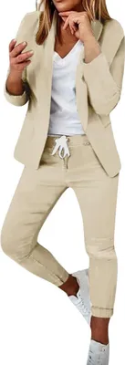 Obrázek produktu pro ASKSA Dámský kalhotový kostým s dlouhým rukávem Elegantní pracovní oblek Slim Fit Lapel Set Unicoloured Streetwear Casual Suit, meruňková, vel: XXL