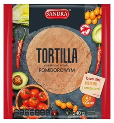 Zdjęcie produktu dla Tortilla pszenna o smaku pomidorowym SANDRA 25cm (4szt) 240g