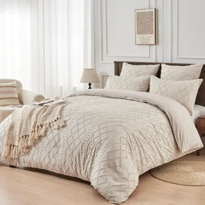 Imagen del producto de TRANKIELO® - Juego de ropa de cama de 200 x 200 cm – Microfibra beige – Cubrecolchón acolchado y 2 fundas de almohada de 80 x 80 cm