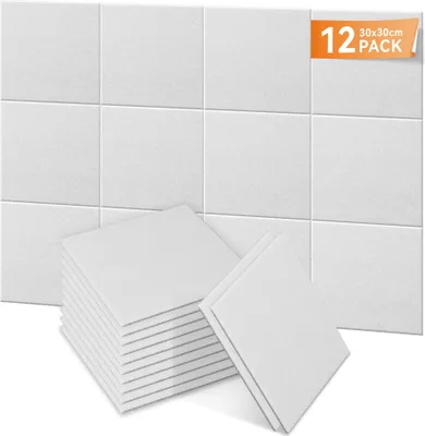 Obrázek produktu pro XMTECH sada 12 samolepicích čtvercových akustických panelů 30x30x0,9 cm - zvukově izolační panely bez vzoru - bílé