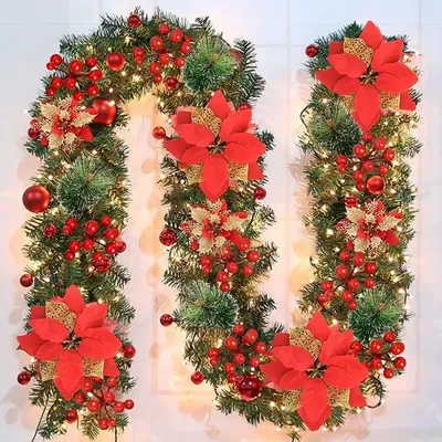 Produktbild von Weihnachtsgirlande, Weihnachtsgirlande mit Lichtern, Weihnachtsgirlande für den Außenbereich, 9 Fuß beleuchtete Weihnachtsgirlande für Innendekoration, Kamine, Treppen, Tür-Weihnachtsgirlanden-Dekorationen, batteriebetrieben