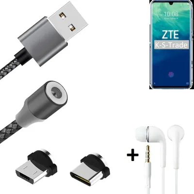 Produktbild von K-S-Trade® Hochwertiges Magnet-Lade-kabel Sync-Kabel Daten-Kabel + Kopfhörer für ZTE Blade V10 mit USB-Typ-C-Anschluss und Micro-USB-Anschluss 2A