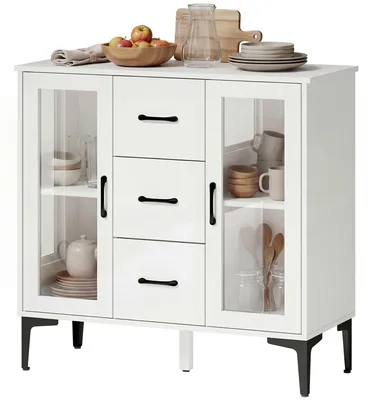 Immagine prodotto di HOMCOM Credenza con 3 cassetti, 2 ante in vetro e ripiani regolabili, bianca