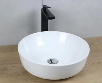 Produktbild von Keramik Waschbecken rund Ø 400 x 135 weiß ohne Überlauf Aufsatzwaschbecken mit Pop-Up Ablauf chrom