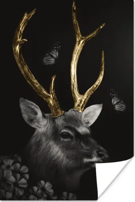 Produktbild von MuchoWow® Poster Hirsch - Schmetterling - Geweih - Gold 40x60 cm - Plakate für die Wand - Poster Babyzimmer