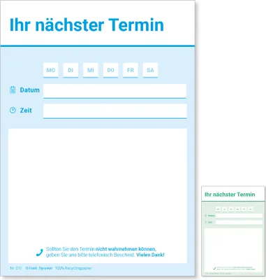 Produktbild von Frank Paperman® | 600 Terminzettel Praxis | 12 x Terminblock à 50 Blatt | blau | 1 Ausfüllzeile pro Zettel | für Ärzte, Heilpraktiker, Physio, Massage