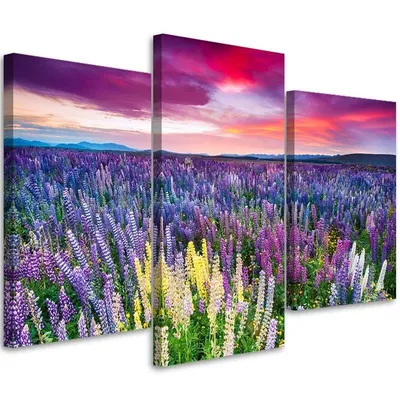 Produktbild von Triptychon auf leinwand blühende wiese 150x100 cm Feeby lila wandbild bereit zum aufhängen