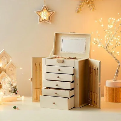 Produktbild von Unyqoos® Schmuckkästchen groß, 6 Ebenen – Schmuckbox mit seitlichen Klapptüren, Schubladen, Spiegel & Verschluss, für Ringe & Ohrringe, Weiß JBC152W01