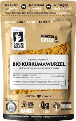 Produktbild von Kurkumawurzel , geschnitten, ideal für Kurkumatee, Gewürz zum Braten und für Soßen, 3 x 50g