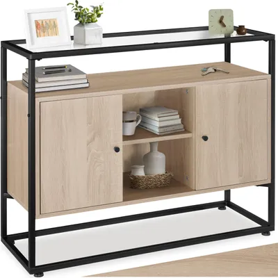 A sideboard with industrial-style black metal framing and light wood-effect panels, displayed against a white background. It features two doors, an open shelf with storage compartments, and decorative items on top.