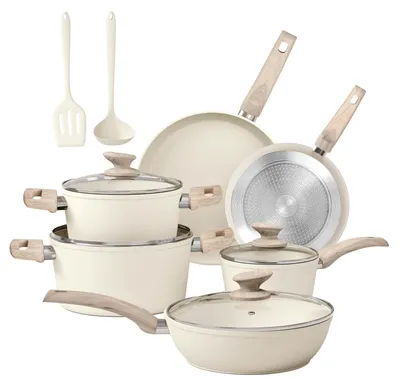 12-tlg. Kochtopf- und Pfannenset, beige, Antihaft, Induktion, 7-teilig