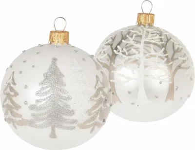 Image de Lot de 2 - Boule de Noël en verre avec arbres, blanc/perle (8 cm)
