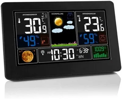 Immagine prodotto di Stazione meteorologica wireless con sensore esterno - con previsioni del tempo, avvisi di temperatura e orologio radio DCF - Nero, alimentata a batterie