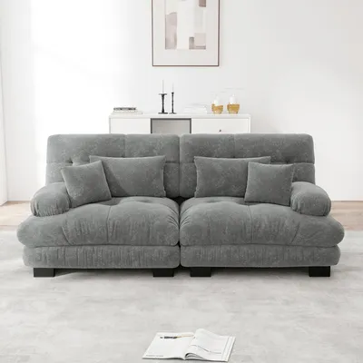 Zdjęcie produktu dla Narożna sofa „Cloud” do salonu, dwuosobowa sofa z tkaniny szenilowej z 2 poduszkami lędźwiowymi i 2 poduszkami dekoracyjnymi, rama z litego drewna, kolor szary