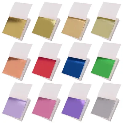Zdjęcie produktu dla Imitacja złota płatkowego, 600 płatków, 12 kolorów, wymiar 8,5 x 8 cm, do rękodzieła i zdobienia złotem