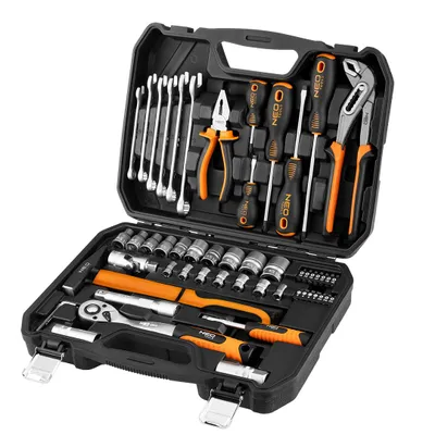 Produktbild von Profi 56-tlg Werkzeugkoffer, Neo Tools Haushalts-Werkzeugkoffer, 2-tlg aufklappbar, Handwerkzeugen bestückt, Großes Schraubendrehe