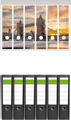 Produktbild von Wallario 6 Stück breite Ordner inkl. Klebeetiketten mit Motive Tower Bridge - London bei Sonnenuntergang -  Set mit Rückenschildern / Ordnerrücken Stickern