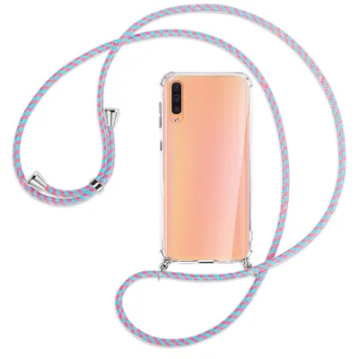 Produktbild von Handykette Backcover-Schutzhülle mit Band (Metall silberfarben) für Samsung Galaxy A50 - pink/mint