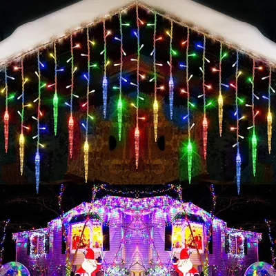 Produktbild von 2 Stück LED Lichterkette Eisregen Eiszapfen, Lichtervorhang Bunt 8 Modi Memory Funktion, Weihnachtsbeleuchtung Deko Balkon Fenster
