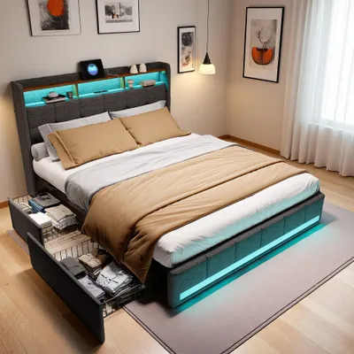 Zdjęcie produktu dla UnboxG Łóżko tapicerowane 160x200 cm, szary, pościel, 4 szuflady, LED, USB i gniazda, łóżko do przechowywania