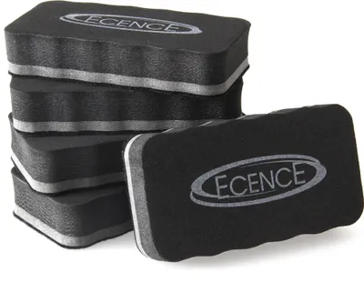 A stack of black whiteboard erasers with a gray stripe and a logo on the front of one eraser.