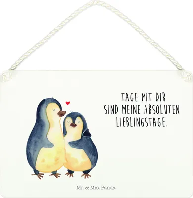 Produktbild von Mr. & Mrs. Panda Schild Pinguin umarmen DIN A4 - Weiß - Geschenk, wandtafel, holzbild, Hochzeitstag, Liebe, Wandbild Holz, Paar, Hochzeit, Türschild, Holzschild